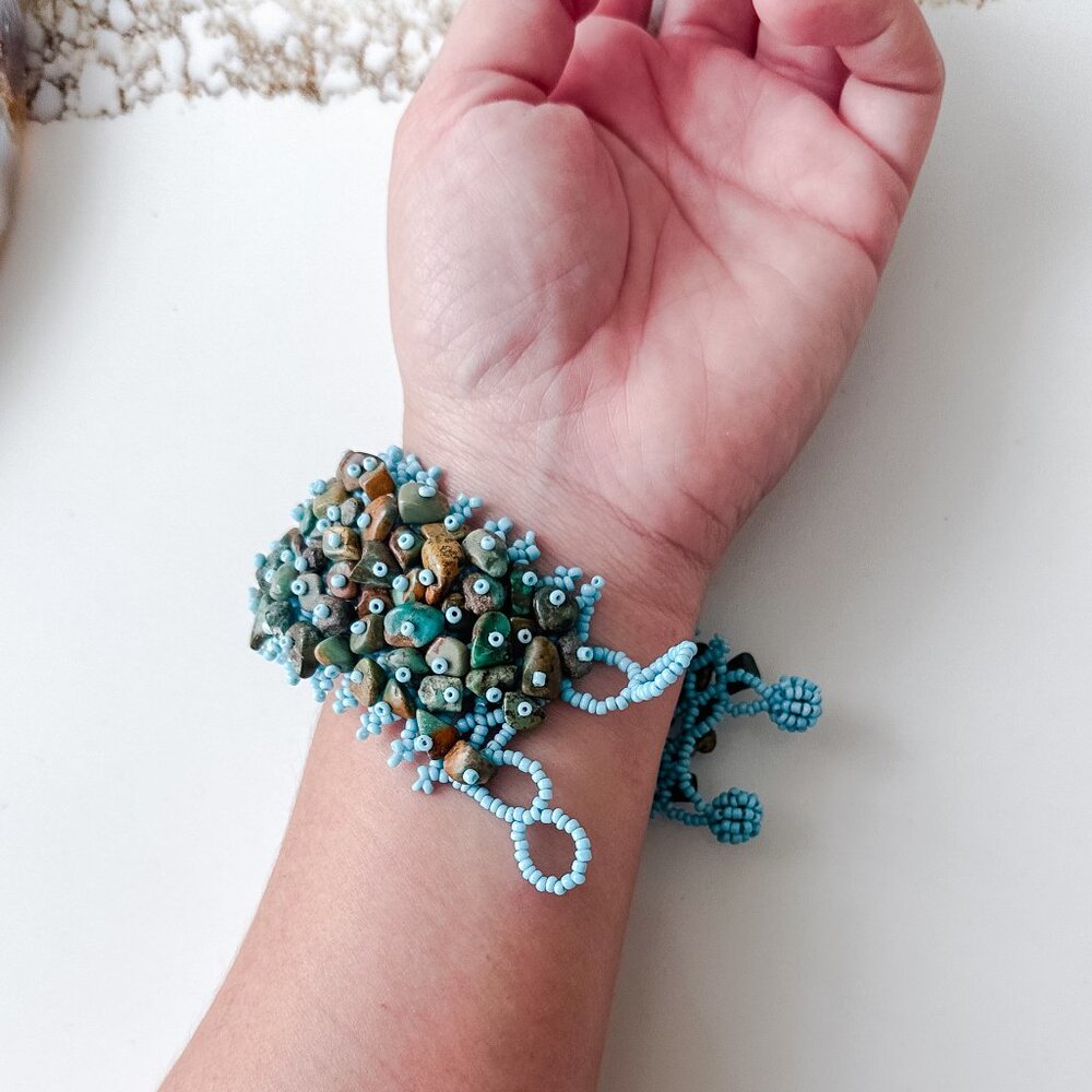 Handmade Turquoise & Stone Beaded Bracelet - Adjustable Loop Closure